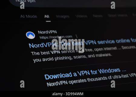 NordVPN. Proxy and internet censorship concept. Editorial photo has been captured: Baku, Azerbaijan. 29.11.2025. Stock Photo