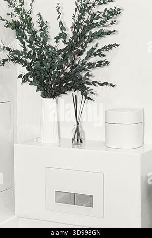 Modern white bathroom detail with dual flush toilet button, green branches in a tall vase and reed diffuser on a tiled ledge, creating a clean spa lik Stock Photo