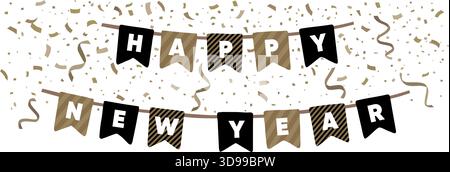 Happy New Year garland in gold and black. Bunting flags isolated on backround. Falling confetti, streamers. Festive holiday celebration banner. Party Stock Vector