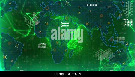 Displaying glowing continents centered on Africa on green grid, showing neon lines and hex clusters Stock Photo