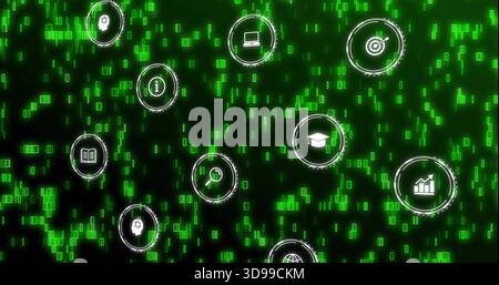 Glowing icon cluster hovering in virtual dashboard, showing laptop, globe, magnifier, green code Stock Photo