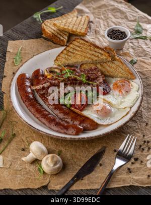 English breakfast served on restaurant table, close up of menu Stock Photo