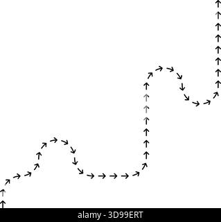 Directional dotted arrow producing a curve pattern that shifts through a winding line route. Stock Vector