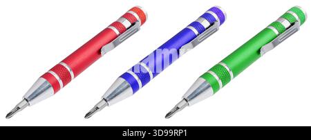 Multifunctional screwdriver with a set of interchangeable bits for various tasks. On a white background Stock Photo