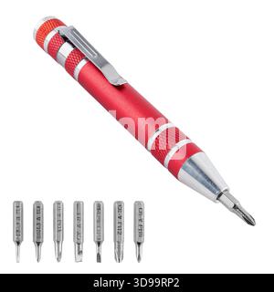 Practical screwdriver with a set of bits that can be conveniently stored in a compact case. On a white background in insulation. Stock Photo