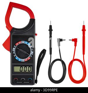 Reliable digital multimeter with a stable stand for accurate working measurements. On a white background in isolation. Stock Photo