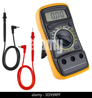 Digital multimeter in a protective case, designed to measure voltage and current. On a white background, insulated. Stock Photo