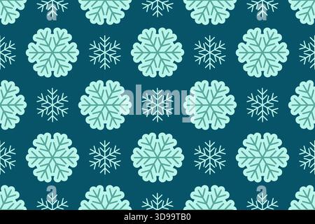 Seamless vector pattern with snowflakes of two different sizes and styles on dark teal background. For holiday decor, wrapping paper, textiles, and winter themed graphics, winter and holiday design Stock Vector