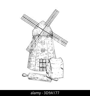 Vector Windmill with craft paper bag for food or delivery with wooden rolling pin and wheat. Graphic ink lunch bag illustration isolated on background Stock Vector