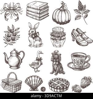 Vintage hand-drawn illustration set in engraving style: books, pumpkin, flowers, rabbit, jam jar, shoes, teapot, goose, dog, cup, picnic basket Stock Vector
