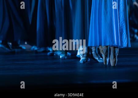 Group of Ballerinas Standing On Dark Stage Stock Photo