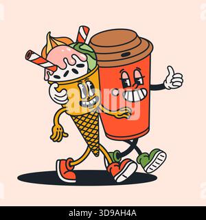 Retro groovy cartoon smiling ice cream cone and a cheerful coffee cup characters walking together. Playful vintage style coffee and icecream mascots Stock Vector