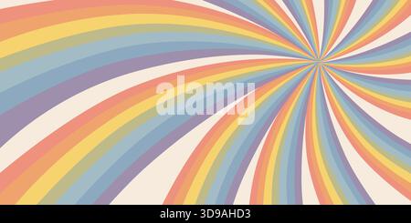 Rainbow swirl background with pastel sunburst rays in abstract psychedelic composition. Rainbow swirl design with curved striped pattern and soft Stock Vector