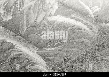 Intricate frost patterns detailed on a window during a cold winter morning Stock Photo