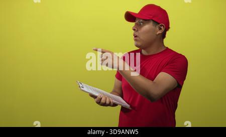 Man pointing finger at clipboard and holding papers in studio with yellow wall while wearing red cap and red shirt; surprise urgency. Stock Photo