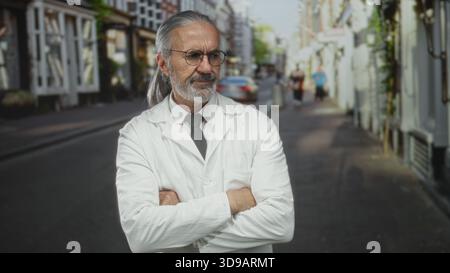 Man scientist, middle aged with hoary long hair and white lab coat, arms crossed on a street; determination wisdom experience. Stock Photo