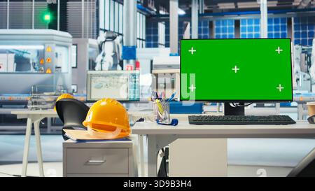 Isolated screen PC display used to adjust photovoltaics factory system parameters. Mockup computer monitor used for optimizing energy supply in solar panel manufacturing plant Stock Photo