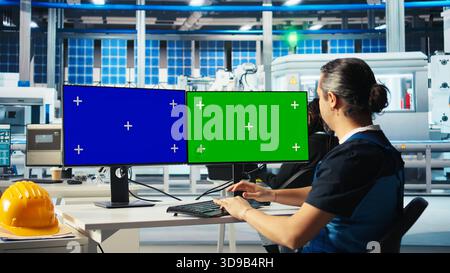 Solar panels plant expert using isolated screen PC to develop new technologies harnessing sun power. Photovoltaics factory engineer works on mockup computer to improve efficiency, camera A Stock Photo