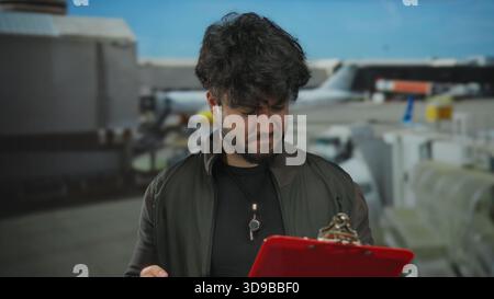 Young man with beard reading clipboard outdoors at airport background, looking puzzled. Stock Photo
