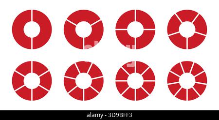 Red wheel round divided diagrams with two, three, four, five, six, seven, eight, nine segments. Circle division on 2, 3, 4, 5, 6, 7, 8, 9 equal parts Stock Vector