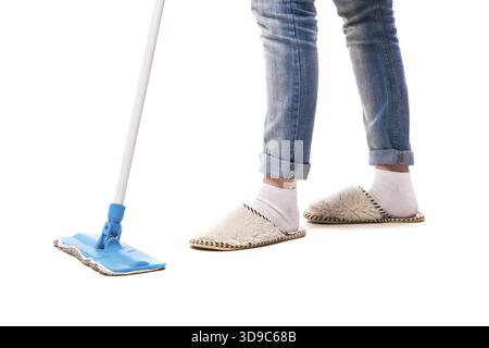 Cleaning floor with mop. Studio photo on white background Stock Photo