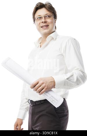 Contractor wearing suit holding blueprints and smiling isolated Stock Photo