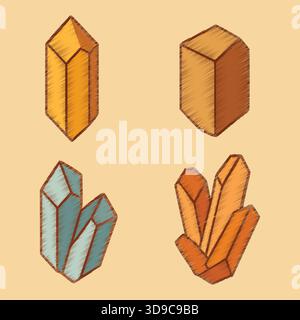 Set of four stylized crystal and mineral formations in warm earthy colors, rendered as simple geometric vector illustrations. Stock Vector