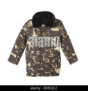 Camouflage winter jacket with black collar. Isolated on white background Stock Photo