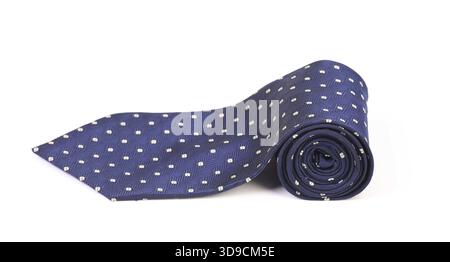 Blue male tie with red pattern rolled and isolated on white Stock Photo