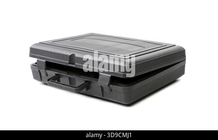 Opened black plastic case. Photos isolated on white background Stock Photo