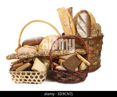 Fresh bread in baskets isolated on a white background Stock Photo
