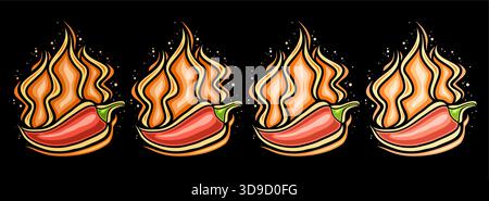Vector Flaming Chili Pepper Set, horizontal banner with group of 4 cartoon design isolated flaming chili peppers, collection of outline illustrations Stock Vector