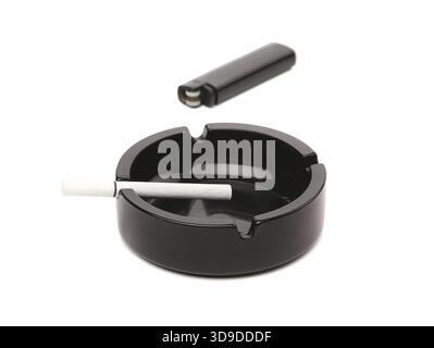 Black ceramic ashtray, cigarette, lighter. White background Stock Photo