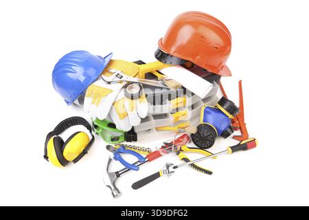 Plastic workbox with assorted tools. Isolated on white background Stock Photo