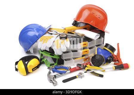 Plastic workbox with assorted tools. Isolated on white background Stock Photo