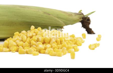 Closed corncob and corn kernels isolated on white background Stock Photo