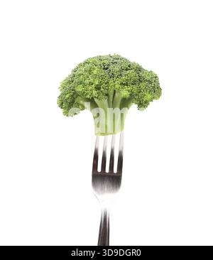 Broccoli impaled on a fork. Isolated on a white background Stock Photo