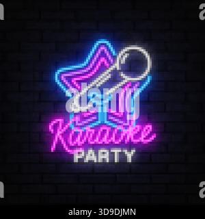Neon star with microphone and stylish script Karaoke Party text. Great for nightlife posters, bars or music-themed promotions. Stock Vector