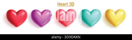 3d Hearts shape colorful clipart set. Heart 3d shape love icon clip art collection in red, green, yellow and pink color for valentine's day graphic Stock Vector