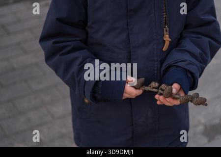 Close-up of a child holding a pine cone branch during an outdoor nature activity. The image highlights sensory development, curiosity, natural texture Stock Photo