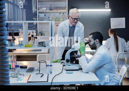 Caucasian Man Supervising Young Adult Man Using Microscope Stock Photo