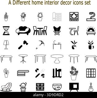 "Home Interior Decor and Furniture Line Icons Set – Modern Living Room Vector Pack" Stock Vector