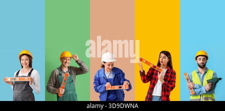 Collage of workers with builder's levels on color background Stock Photo