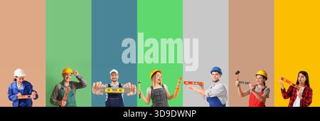 Collage of workers with builder's levels on color background Stock Photo