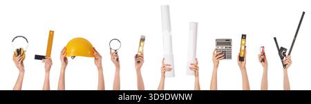 Many hands with architect's supplies on white background Stock Photo
