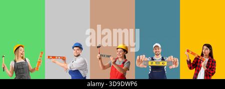 Collage of workers with builder's levels on color background Stock Photo
