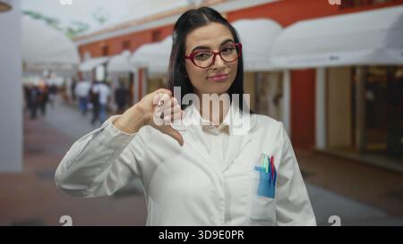 Hispanic woman scientist in white uniform showing thumbs down gesture outdoors on a busy street. Stock Photo