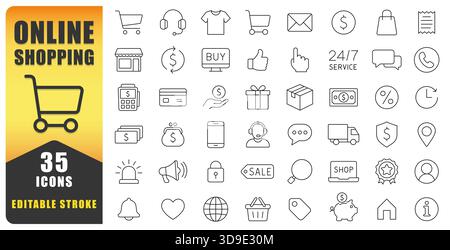 Online Shopping Line Icon Set Offers Clean, Modern, And Editable Stroke Symbols Designed For E-Commerce, Delivery, And Digital Retail Projects, Provid Stock Vector