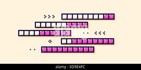 Pixel percentage scale. Five magenta loading process bars. Stock Vector
