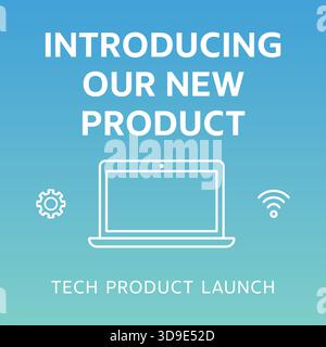 Modern technology product launch poster with a laptop icon and the message Introducing Our New Product on a blue gradient background. Stock Vector